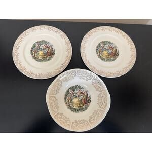 Vintage Courting Couple China Plates Bowl Set of 3 Gold Filigree 10 Inch